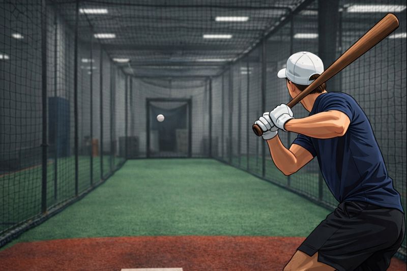 Batter in an indoor batting cage